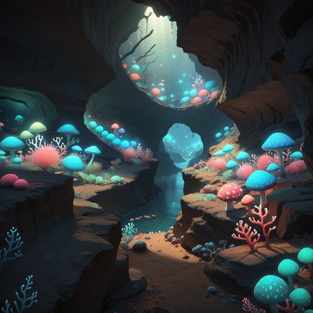 score_9, score_8_up, score_7_up,  WOMAN,  <lora:Sastasha_FORPONY:1> scenery, glowing, cave, coral, mushroom, geyser