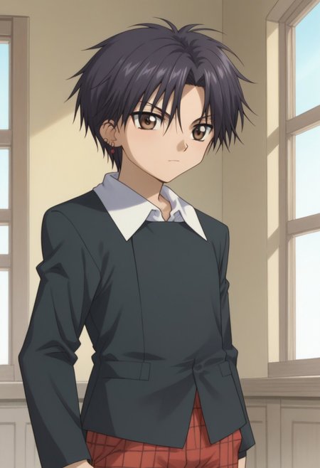 score_9, score_8_up, score_7_up, source_anime, highly detailed, 
natsume, 1boy, solo, black hair, short hair, brown eyes, shorts, red shorts, plaid shorts, school uniform, black sweater, shirt, white shirt, long sleeves, earrings, jewelry, upper body
indoor, window,