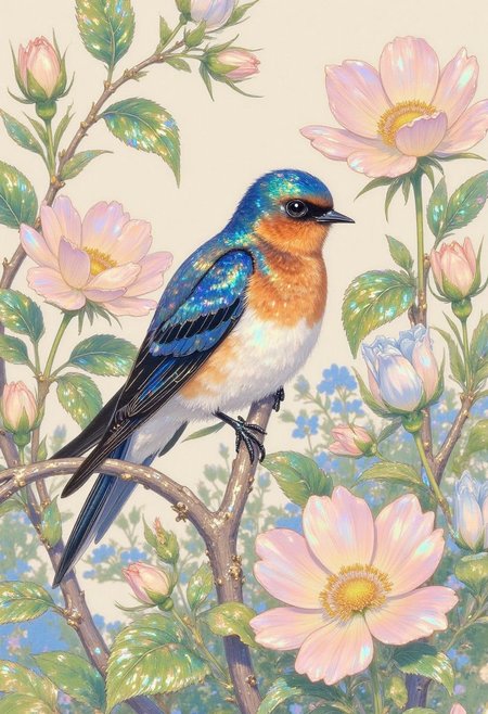 pinkprismaticglow,  This is a whimsical, vintage-style postcard featuring a delicate swallow perched on a slender, gnarled branch, surrounded by a lush arrangement of blooming flowers in shades of soft pink, baby blue, and sunshine yellow, amidst a backdrop of vibrant green leaves with subtle, textured veins. The artwork is rendered in a stunning, highly detailed watercolor style, with bold brushstrokes and subtle color blending, evoking a sense of nostalgia and wonder. The swallow's feathers are a mesmerizing iridescent blue, with subtle sheen and delicate texture, while its bright, inquisitive eyes shine like polished black onyx. The entire scene is bathed in a warm, golden light, as if illuminated by a soft summer breeze.