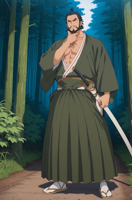 masterpiece,best quality,amazing quality,very aesthetic,absurdres,newest, huge filesize,
<lora:spo_sdxl_10ep_4k-data_lora_webui:0.5>,
<lora:add-detail-xl:1>
Japan medieval ,  outdoors, forest, 
<lora:jigokuraku_V1:1>j_V1,
1boy,solo,male focus,
weapon,sword,open clothes,  cleavage, 
japanese clothes,hand on own chin,
samurai,beard,full body,hakama,
katana,stroking own chin,
transparent background,
facial hair,black hair,sandals,
skirt,kimono,sheath,j_tetsusai,