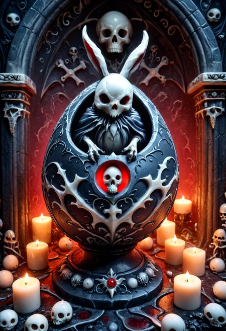 made of marbles, <lora:Marbles_World_r1:0.90>, A monstrous gothic chick, sculpted entirely from jagged white marble, emerging from a cracked demonic Easter egg. Black mist pours from the cracks, glowing red veins pulse across its form. Perched on a ritual altar surrounded by candles, bones, and ancient texts. Dark fantasy, ultra-detailed. dark fantasy, gothic, <lora:GothicDetailEnhancerV1:0.95>, <lora:add-detail-xl:0.75>,