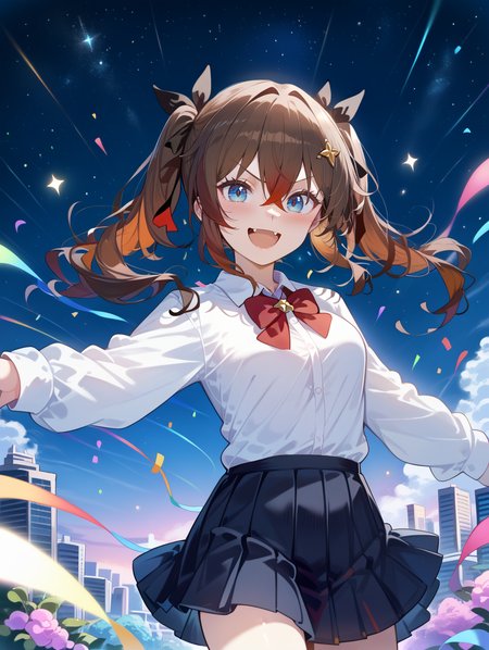 1girl, 
dynamic angle, depth of field, breasts, night, long sleeves, blurry foreground, white shirt, hair ribbon, skirt, outdoors, smile, v-shaped eyebrows, red bowtie, long hair, ribbon, pleated skirt, blush, looking at viewer, star \(sky\), shirt, black skirt, :d, twintails, bowtie, brown hair, bow, night sky, skyline, blurry, solo, starry sky, medium breasts, blue eyes, fang, red bow, open mouth, hair between eyes, black ribbon,
A young girl with long dark hair and a red bow on her head. she is wearing a white shirt and has a surprised expression on her face. the background is filled with colorful confetti and streamers, creating a festive atmosphere. in the center of the image, there are two large pink spheres that appear to be floating in the air. the overall color scheme is bright and vibrant, with shades of blue, purple, and yellow.
score_9, score_8_up, score_7_up, source_anime
 <lora:style018:1.0>