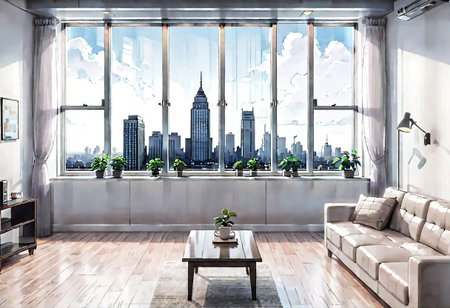 ((((front view)))), Shallow scene, ((animation style)), (((City high-rise building scenery))), ((((City scenery outside the window)))), (Facing the window), (open window), modern-style interior, Wooden floor, with white walls, (large windows), a living room, sofa and coffee table by the window sill,  Sofa placed horizontally, (Behind the sofa is the window sill), noon, clear sky, low saturation