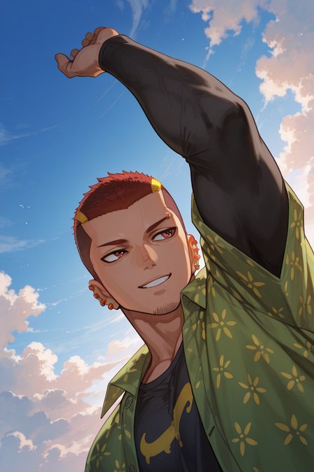 looking away, expressive happy face,male solo, solo, 1boy, UnjiZuma, red-gold-grey_zuma_multicolored hair, red_zuma_eyes, facial hair, chin stubble, zuma_oversized_shirt_with_flower_patterns, tight longsleeves, zuma_ear_piercings, zuma_eyebrow_piercing, manly, smiling, outdoors day clouds, blue sky, close up, from below, dutch angle, dynamic angle, dynamic action, atmospheric perspective, cinematic, intricately detailed illustration, depth of field, masterpiece, best quality, amazing quality, very aesthetic, absurdres, newest,
