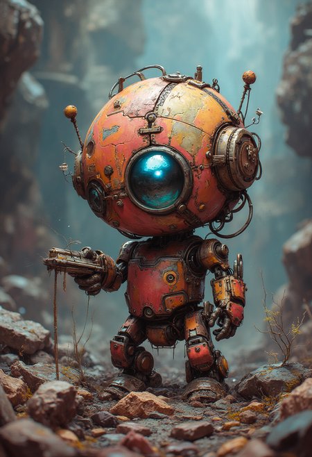 A cute round rusted robot hunting for scraps in a futuristic junkyard, vibrant glow