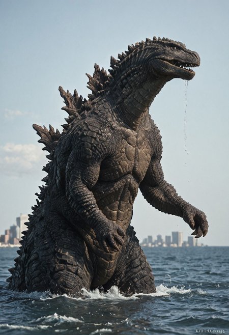 score_9, score_8_up, score_7_up, solo, portrait, from side, 1man, giant dinosaur reptilian monster Godzilla, spines, feral, realistic scales, detailed scale texture, solo, outdoors, out of the ocean, partially submerged, wading through the water, miniature city, building miniatures in the background, solo, full body, solo, extremely detailed, Macro detailed realism style photograph, 3DMM