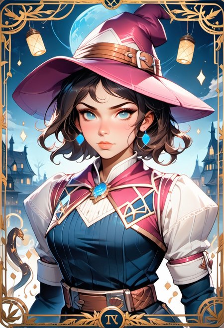 score_9, score_8_up, score_7_up, ((zPDXL3)), (((T4R0TH, T4R0TH CARD, tarot))), ((iahfy)), ((face focus, eye focus, dynamic angle, motion)), 1girl, fantasy, ((witchkiri, sexy witch costume, witch hat)), lace, cape, breathless intimacy, tanned skin, petite model bombshell, young, delicate features, narrow pointy nose, tiny nose, brown hair, medium length hair, bob cut, lust, big eyes, seductive eyes, blue eyes, detailed skin, flared lashes, mascara, makeup, perky medium breasts, athletic body, narrow waist, skinny hips,
warm light, detailed, neon dark party
 BREAK
milky way, runes, arcane, astral, surreal, ethereal glow, masterpiece, best quality, intricate design. colorful, moonlit nightsky, stained glass aesthetic, moody whimsical color palette, murano glass, bold soldering lines, volumetric light shining through, crepuscular rays, intricate craftsmanship, detailed texture, luminous transparency, reflective light play, vivid hues, atmospheric depth, enchanting silhouette, art nouveau,