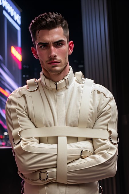 portrait of a 1 boy wearing a straitjacket, front view, looking at camera, (smirk:0.65), (angry:0.3), cinematic shot on canon 5d ultra realistic, urban atmosphere, skyscrapers, night scene, short hair undercut, (extremely handsome:1.2), <lora:StraitjacketPsycho_v1:0.85>