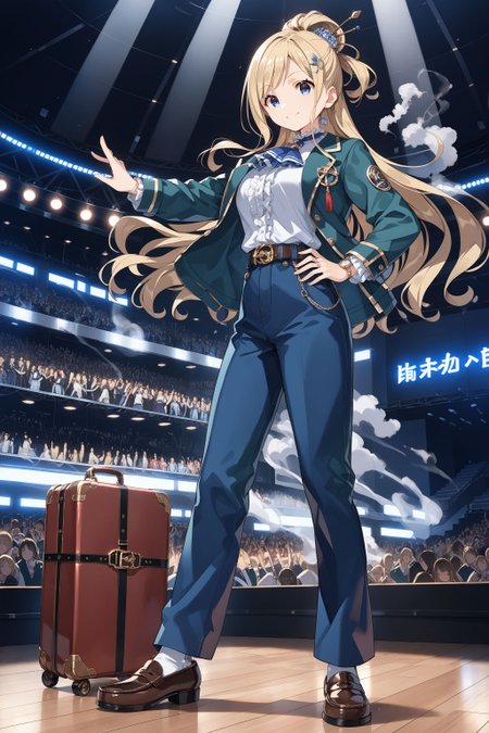 score_max, (score_9, score_8_up, score_7_up:1.2), score_6_up, official art, source_anime,
, masterpiece, absurdres, high detail, 8k,
stage, runway, smoke, light beam, audience,
standing, wide stance, hand on hips, rolling suitcase, light smile,
kamotti, hair up, hair ornament, ascot, green jacket, long sleeves,  frilled shirt, white shirt, wristwatch, belt, blue pants, long pants, loafers,
<lora:XL_Pony_gomaotsu-chamomile-t1:1.0>