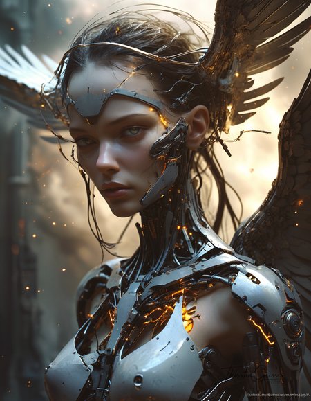 biomechanical cyberpunk A photorealistic portrait of a merciless archangel, their face a vision of divine beauty and unwavering resolve. Their eyes, windows to a soul hardened by countless battles, burn with an intensity that pierces through the veil of reality. Their expression is a symphony of conflicting emotions: righteous fury, unwavering determination, and a hint of sorrow for the fallen. Their wings, a majestic expanse of shimmering feathers, are spread wide, casting a shadow of divine judgment upon the world. The background is a maelstrom of celestial energy, swirling with nebulae, stars, and distant galaxies, creating a sense of infinite power and cosmic scale. The lighting is dramatic, highlighting the archangel's sculpted features and the intricate details of their flowing hair and wings. The overall effect is one of awe and reverence,  <lora:MJ52.safetensors:0.60>   . cybernetics, human-machine fusion, dystopian, organic meets artificial, dark, intricate, highly detailed
