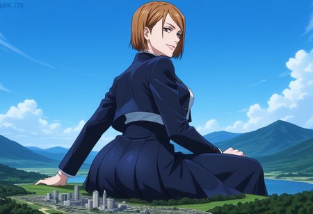 score_9, score_8_up, score_8, low angle, 
1girl, solo, ijiranaideyoshi, <lora:ijiranaide-yoshi-s1s2-ponyxl-lora-nochekaiser:1>, cowboy shot, hard shadows, shiny skin, <lora:nobara-kugisaki-s1s2-ponyxl-lora-nochekaiser:1>, nobara kugisaki, kugisaki nobara, bob cut, brown eyes, brown hair, lips, short hair, large breasts,, skirt, school uniform, jacket, cropped jacket, jitome, high-waist skirt, gakuran, morning routine, smile, from behind, side angle, looking at viewer, mischievous, looking down, from below, side angle, sitting, brown smoke on the ground, detailed face, giga giantess, macro, ass focus, wide hips, angelic, flawless, high resolution, above the city, (shrunken city :1.4), (shrunken cityscape:1.3), micro cityscape, clouds on background, solo,  ((landscape)), 
BREAK, Small city, micro city, low horizon line, mountains, lakes, white clouds, tiny castle, masterpiece, best quality