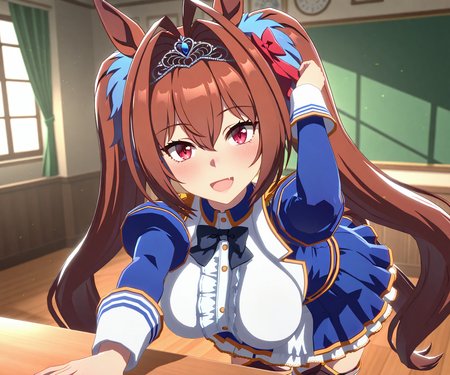 masterpiece, best quality, amazing quality, , 1girl, solo, looking at viewer, cowboy shot, smile, open mouth,    <lora:Daiwa Scarlet in game style 3D:1> ummsmingame, 3d, daiwa scarlet \(umamusume\),