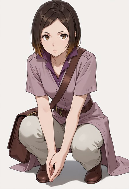 Smooth Quality,masterpiece,very intricate, high quality details, ultra realistic, high detailed skin,detailed enviorement,absurdres,
simple background, white background,solo,
crouching, hands together, foot forward, intense, ready,  ,front view,expressionless,
 <lora:Kirara_Mizutani_cnn:0.8> 1girl, short hair, brown hair, multicolored hair, two-tone hair, brown eyes, at viewer, upper body,shirt, short sleeves, collared shirt, coat, pants, purple shirt,brown belt, shoulder bag,