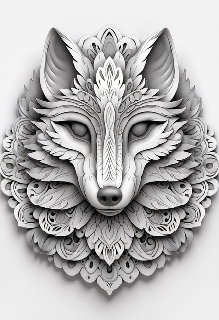 Mandala style,Coloring page , 3d mandala pattern, fox head , greyscale