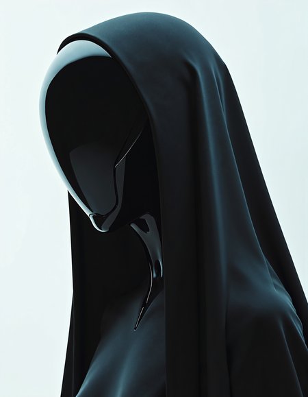 UNI_SCI_FI_CORE  
The image presents a sleek, mysterious robotic figure, draped in a flowing black hood. With an exquisite glossy finish, the head reflects light delicately, creating an entrancing effect. The soft, minimalistic background enhances the subject’s futuristic charm, inviting viewers to ponder the blend of technology and artistry. The atmosphere is both serene and thought-provoking, embodying an innovative Midjourney style that evokes feelings of curiosity and awe. The interplay of shadows and highlights adds depth, emphasizing the unique design. This artwork is a beautiful depiction of modern aesthetics and futuristic themes.
