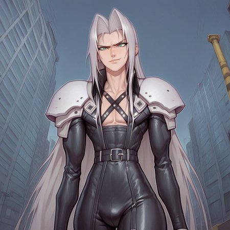 score_9, score_8_up, score_7_up, flightless detailed closeup action shot, from front, Sephiroth leaping through the air swinging very long sword in a wide overhead arc, smug expression, dynamic pose, exaggerated perspective emphasizing action, in an industrial city at night, dim street lighting, solo, beautiful, androgynous, flat chest, leather straps, broad shouldered, long draping leather overcoat, high contrast, industrial cityscape background,