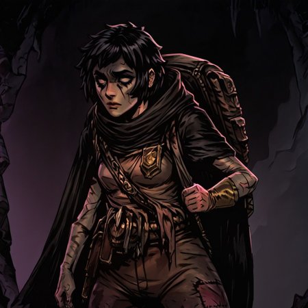 masterpiece, best quality, newest, absurdres, highres,  
d-rex, d-rex style, TTCSV1.0
DDstyle, official style, black eyes, shaded eyes, 1girl,  DDRAW-V1.0, cape, black hair, short hair, small breasts, backpack, rags