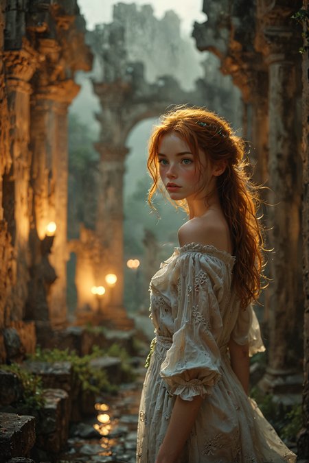 (Ultra Realistic:1.0),32k,(Masterpiece:1.0),(High Detailed Skin:1.0),( High Quality:1.0),
(Detailed Realistic Background:1.3),
(Official Art, Beautiful and Aesthetic:1.2),
(Realistic Lighting:1.0),
(cute, petite:1.0),
(Slender:1.0),1girl,Ginger hair, green eyes,
(sfw:1.0),
She's walking through the torchlit Ancient ruins, a dense fog fills the ruins ,
Sadness,
by Elliott Erwitt,
 <lora:MJ52:0.8>
