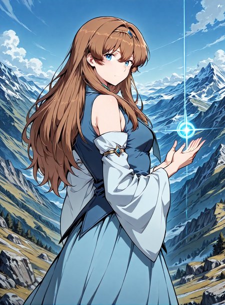 <lora:Anjac_Protesia__The_Knight_King_Who_Returned_with_a_God__Illustrious:1>
brown hair, long hair, hair between eyes, bangs, blue eyes
blue dress,  detached sleeves, hairband, skirt, long dress, wide sleeves, bare shoulders
score_9, score_8_up, score_7_up, source anime, BREAK, cowboy shot, (from side), looking back, looking at viewer, overlooking mountain, high altitude, scenery, exterior, background, (solo), perfect hands, <lora:iLLMythG0thicL1nes:1>