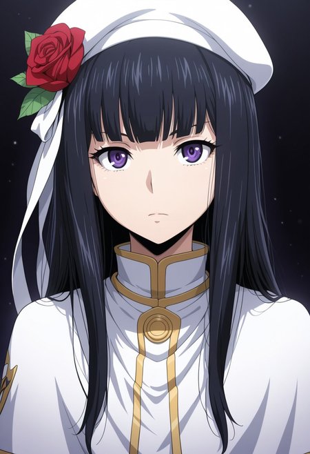 masterpiece, best quality, amazing quality,1girl, solo, BREAK
mitsukadokb,black hair,long hair,purple eyes,hat,rose,white capelet,
BREAK
,upper body,portrait, looking at viewer