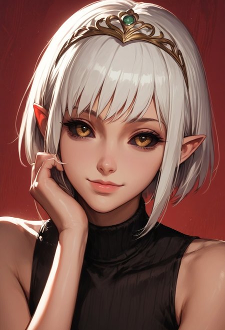 score_9, score_8_up, score_7_up, source_anime, score_9, score_8_up, score_7_up, score_6_up, score_5_up, score_4_up, 8k, extremely high definition, dramatic lighting, masterpiece,bestquality, extremely detailed, gloomy background, red background, (dim lighting:1.2),
BREAK 
1girl, face focus, cute, pretty, golden eyes,  ((blacksclera, dark sclera)), wooden tiara, white hair, bob cut, smiling, expressive, sleeveless turtleneck, pointy ears, pale skin,
BREAK