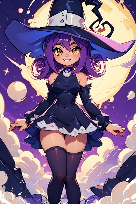score_9, score_8_up, score_8, medium breasts, (curvy), cute, eyelashes,       BREAK, , zzBlair, 1girl, solo, yellow eyes, purple hair, witch hat, witch, detached sleeves, black short dress, thighhighs,  <lora:Blair_SoulEater_PDXL_v1:1.0>, , BREAK, socks, big shoes, ,,, smile, looking at viewer, cowboy shot, ,,, embedding:zPDXL, Expressiveh, ,,, <lora:CuteToonPDXL:0.8>, <lora:SDXLFaeTastic2400:0.5>, <lora:Expressive_H-000001:0.4>,