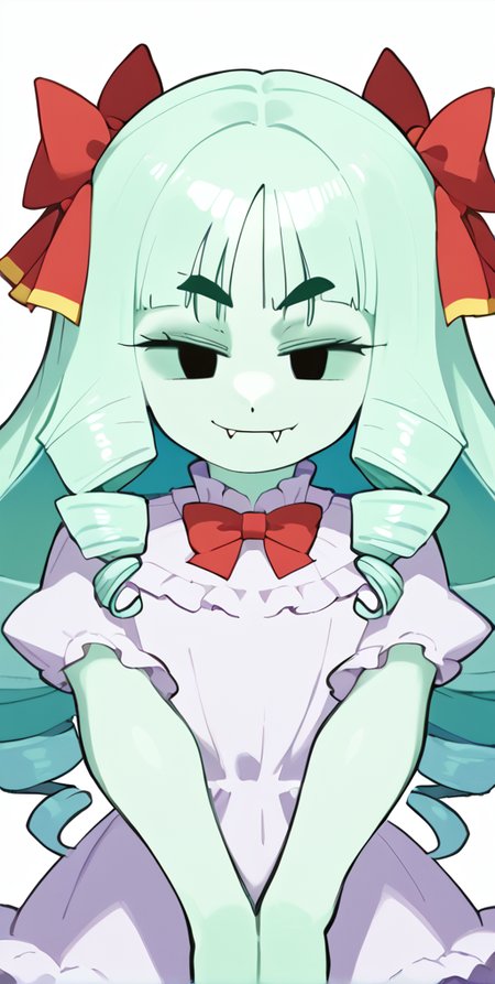 <lora:Inkerkton-PonyXL-1024px-v1.0:0.9> score_5_up,score_6_up,1girl,  looking at viewer, source_anime, solo, thick eyebrows, drill hair, anime coloring, Lady Bow, Boo, Ghost, ghostly skin, long hair, bangs, blunt bangs, laughing at viewer, black eyes, solid eyes, parted hair, frilly dress, personification, fang, smug, <lora:Lady_Bow_Paper_Mario:1> <lora:naip33:1>