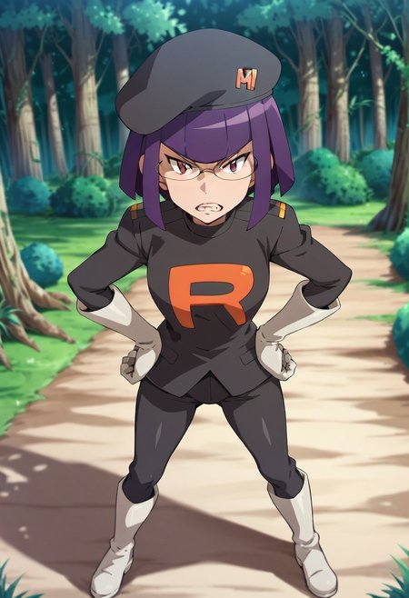 score_9,score_8_up,score_7_up,score_6_up, easynegative, negative_hand,
pkmnmatori, 1girl, purple eyes, glasses, purple hair, short hair, blunt bangs
matoritr, team rocket, hat, black headwear, black jacket, white gloves,  black pants, white boots
standing, hands on hip, forest, angry, teeth, looking at viewer