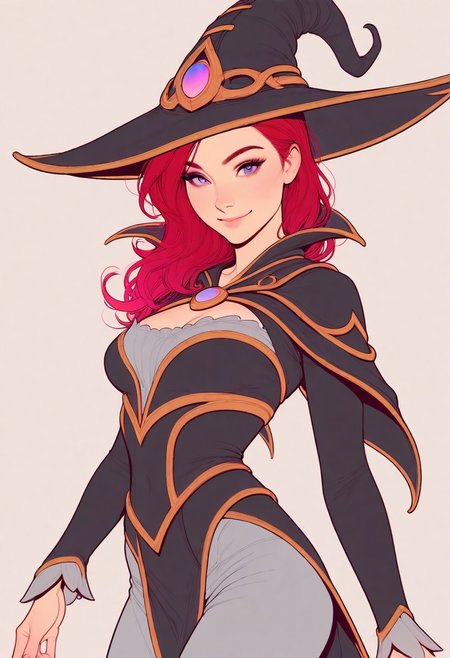 Artist : Tsuaii, Artist : Incase, (flat colors, line art:2), high detailed, high quality, masterpiece, 
1girl, upper body, (neutral white background), dynamic lighting, standing, looking at viewer, cowboy shot, smile, red hair, (Bewitching Janna league of legends:1.5), witch outfit, round grasses, witch hat, black clothes,
