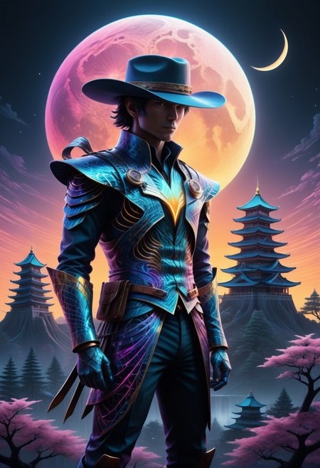anime art, a breathtaking ultra-HD anime-style illustration of a electro_style, cowboy, masterpiece, best quality, newest, absurdres, highres, by an ancient japanese edo castle made out of fractangles, sunset, ink artwork, sharp color, fractangle sakura trees in the background, moon in background. The atmosphere is tranquil yet powerful, evoking a sense of nostalgia and wonder. Highly detailed character, precise silhouette, cinematic lighting, ultra-realistic textures, dreamy and immersive composition, masterpiece. sharp, ultra hd, 8k, 4k, artstation, (Fractangles), movie poster