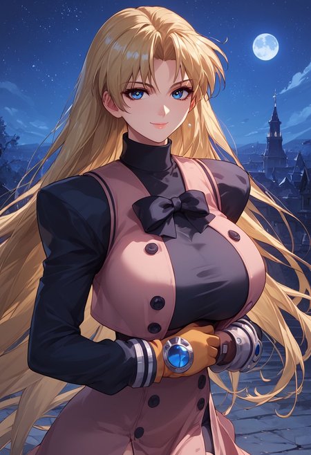 score_9, score_8_up, score_7_up, score_6_up, 1girl, solo, looking at viewer, light smile, huge breasts, large breasts, Expressiveh, night sky, long hair, blonde hair, gloves, blue eyes, long sleeves, vest,  very long hair, buttons, turtleneck, thighhighs, gloves, boots, dress