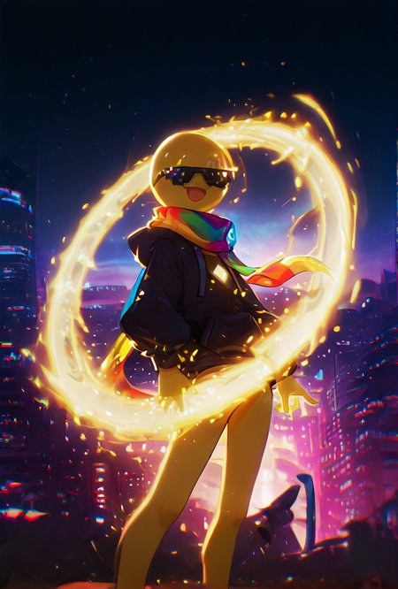 <lora:xmattar-10:1>  xmattar, open mouth, rainbow scarf, , solo, smile, pixel sunglasses, 1boy,black hoodie, yellow skin, circular head,,yellow legs, no pants,  <lora:WeaponSpellBindIL:1> spell bind <lora:WSSKX_WAI:1>, cyberpunk city, night time, sky scraper view,  zoomed out shot,, masterpiece, best quality, amazing quality, very aesthetic, absurdres, newest,