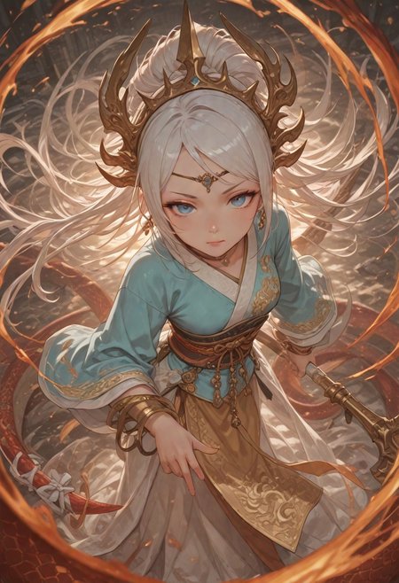 best quality, amazing quality, very  esthetic, newest, scenery, high-resolution, masterpiece, detailed eyes, perfect eyes, realistic eyes, depth of  field, top angle, close up,
long flowing red hair, intense focus, fantasy outfit, gold and red accents, flowing cape, intricate armor, staff weapon, graceful standing pose, mystical battlefield, soft warm lighting, vibrant cel-shading, bold colors,1girl, lamia, monster girl, white hair, blue eyes, tail ornament, tail, headdress, choker, earrings, tail bow, bangle ,loincloth, red scales,((chinese hanfu)),long sleeves, Korean hanbok, Japanese Kimono, Chinese  cheongsam, fully clothed, 
bloom, snake style, volumetric lighting,  (fighting stance:0.7).