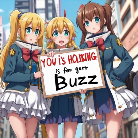Anime girls, holding sign, asking for buzz