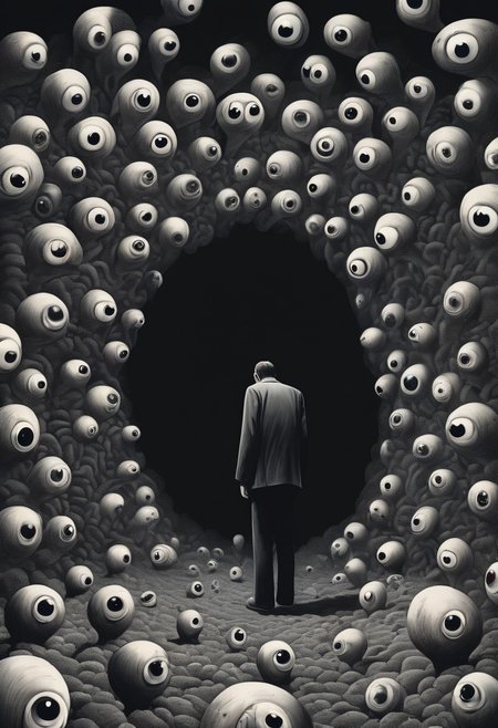score_9, score_8_up, score_7_up, Surrealism, a background of eyeballs in a black void, 1 man cowering in terror in on ground, suffering from fear, guro, mind broken