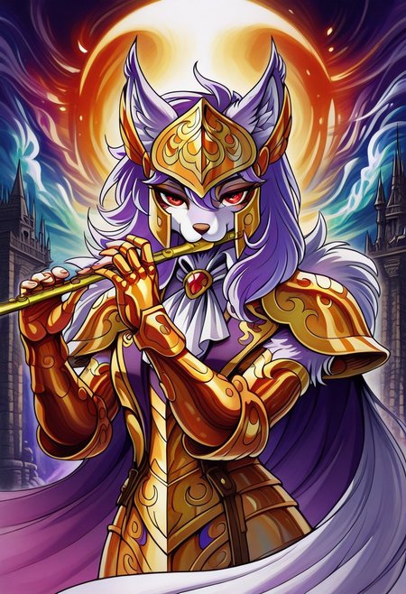 masterpiece, best quality, absurdres, solo, sirensorrento,  purple hair, red eyes, sirenscale, gold armor, helmet,  , flute, ascot, formal clothes, FMIXF,, vibrant details, fluffy fur, eyeliner,, csdb,, hatching (texture), vibrant colors, dark castle background, gradient colors, colorful clouds,