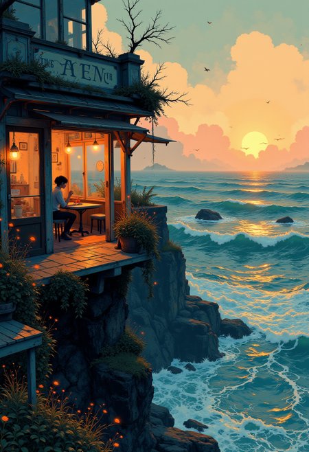 A cozy, vintage café perched on a cliff overlooking a glowing, ethereal sea. Golden lamplight spills out from its windows, blending with the pastel hues of the sunset sky. A figure sits alone at a table, lost in thought as glowing waves crash below.