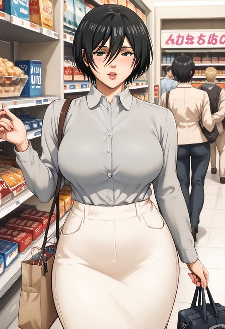 score_9, score_8_up, score_7_up, mikasa ackerman, black eyes, black hair, short hair, wide hips, lips, huge breasts,  beauty hands, Beautiful character design, perfect eyes, bedroom eyes, perfect face, expressive eyes, perfect balance, grey shirt, short over long sleeves, pencil skirt, housewife, Tote bag, convenience store, back view,