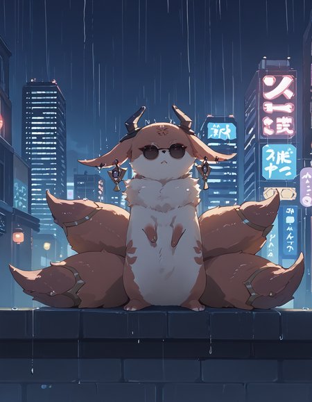 score_9, score_8_up, score_7_up, solo, YaeMikoFox,  animal, animal focus, earrings, jewelry, headgear, horns, sunglasses, pince-nez, multiple tails, cityscape, night, rain, neon lights <lora:YaeMikoProgenitor_pdxl_Incrs_v1:1> <lora:YaeMikoFox_XLPD:1.4>