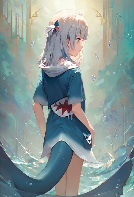 score_9, score_8_up, score_7_up, high resolution, masterpiece, high quality, best quality, highly detailed, rating questionable, detailed background,   <lora:guraXL:1> gawr gura, blue hoodie, two side up, shark hair ornament, shark tail
