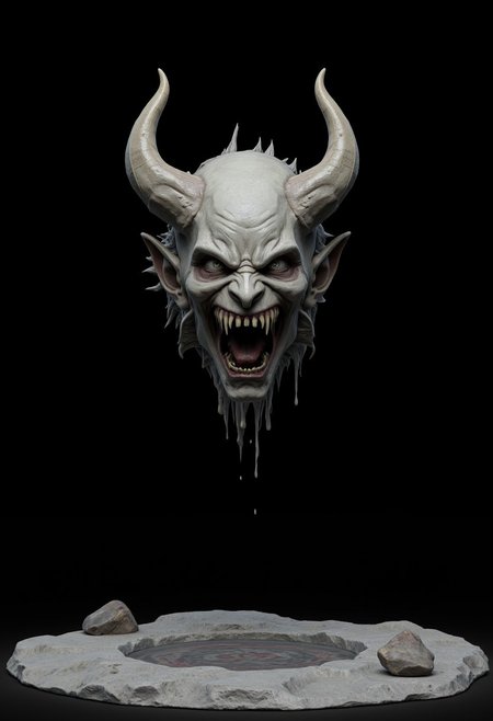 a floating yokai ghoul head, evil spirit Head floating in a dark cave with a spectral haunting feeling, japanese Nukekubi,
Foating above a flat gray ground and black background, the camera angle is high rotated at a 45 degree angle Set against a solid dark black color background to emphasize its unnatural form that emphasizes its silhouette. The medium is not a traditional painting or illustrative medium like watercolor or ink but rather a digital 3D rendering. 
MikeFranchinastyle, bbstyle,, horror theme,, ZBClay model of a gray sculpture, zbrush, d4arks0uls, overcast lighting, gothic-fantasy style, mystical aura