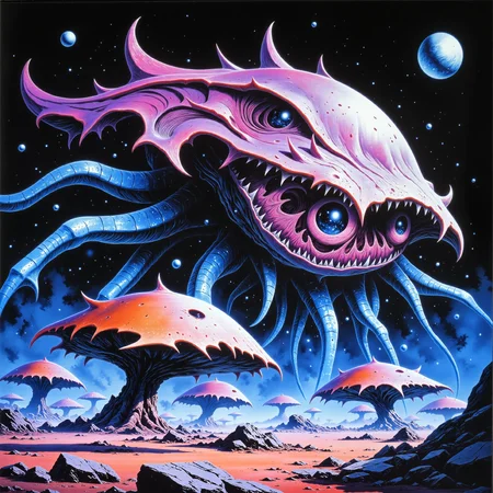 mystical and mythical scenery on a distant world, ultra-high-resolution, famous artwork inspired by carl critchlow, detailed glowing eyes, the "mesmerizing squitshglooms" are immense biomorphic organisms that merge organic and synthetic components to adapt to the eglorpified conditions of the elminstered spaceship graveyards on planet "glimflap vi," scavenging resources from spaceship wrecks to add to their cinderblurted bodies, detailed background, dappled sunlight, creature focus, very aesthetic, extremely detailed, ultra high resolution, 8k, 4k, harmonising colors, ovg, arsmoviestill, 80s fantasy movie still, lrat, <lora:image_upgrade-flux-by_zeronwo7829:0.64> <lora:style-luis_royo-flux-by_artikuz_ai:0.72> <lora:style-80s_fantasy_movie-v3-flux-by_arsmachina:0.8>