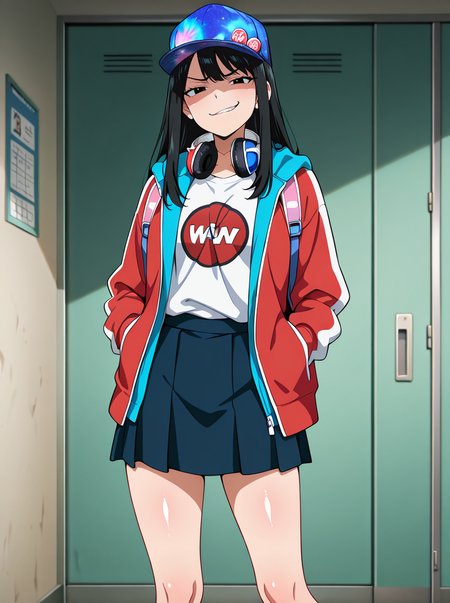 masterpiece, best quality, amazing quality, very aesthetic, absurdres, newest,shiny skin  anime screenshot,  anime coloring,  <lora:SaibaNicoILL:1>saibanico, 1girl, solo, black hair, jacket, hat, headphones, long hair, headphones around neck, skirt, baseball cap, shirt hospital,  smirk smug,