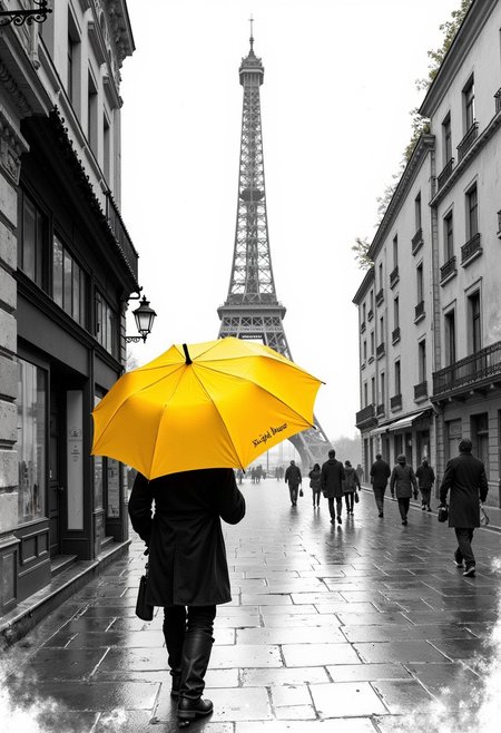 watercolor art, A yellow umbrella in the middle of an empty street, raindrops on it and behind is Eiffel Tower, monochrome black white grey with vibrant yellow color pop