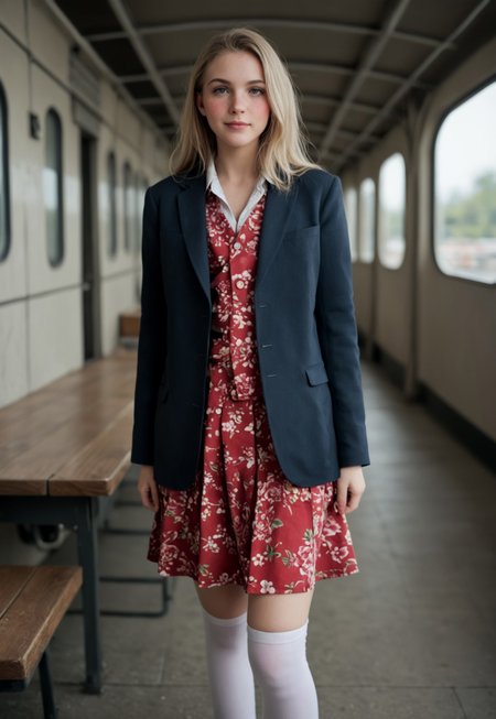 score_9, score_8_up, score_7_up, score_6_up, realistic, 1girl, 37 years old, cute, innocent, thin, tall, (cute face), slim body, petite body, skinny, round face, stunning professional portrait photo, (full-body view), frontal view, (cute face), blonde hair, braid, pale skin, light freckles, perfect beautiful eyes, catchlights, no makeup, delicate features, blushing, emotive, happy expression, low angle point of view, highly detailed, (detailed realistic photography), masterpiece, finely detailed skin, emotional, professional color grading, ruanyi0911, ruins, indoors, standing behind table, map on table, complex shadows and light, standing in an empty train station, school uniform, floral print shirt, navy blazer, (khaki skirt), white stockings, shoes