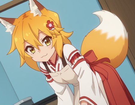 score_9, score_8_up, score_7_up, source_anime,
kitsunesenko, <lora:kitsune-senko-s1-ponyxl-lora-nochekaiser:1>,
senko, bangs, blonde hair, hair ornament, animal ears, hair between eyes, yellow eyes, flower, hair flower, animal ear fluff, fox ears, red flower, fox girl,
long sleeves, tail, japanese clothes, wide sleeves, kimono, apron, ribbon trim, hakama, hakama skirt, ribbon-trimmed sleeves, white kimono, miko, brown apron,
indoors, bent over, smile,
solo, dutch angle, looking at viewer, cowboy shot,