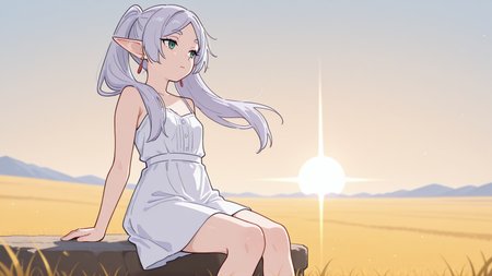 masterpiece, best quality, very detailed,
1 girl, Frieren \(Frieren_at_journey's_end\), small breasts, dress
outdoors, plains, sitting,
 <lora:Artstyle__uwzoa_illustrious:1>