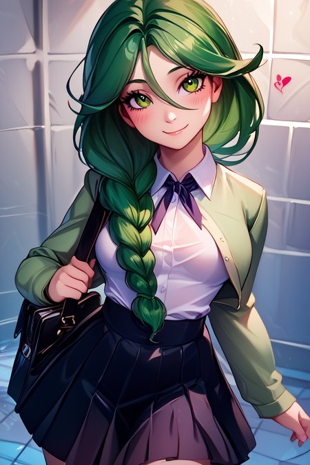 score_9, score_8_up, score_8, medium breasts, (curvy), cute, eyelashes,       BREAK, , <lora:CherylPokemonPDXL-000009:0.8>, zzCheryl, green eyes, single braid, hair over shoulder, green jacket, long dress,, BREAK, closed mouth, alternate costume, smile, looking at viewer, collared shirt, blush, sweater, black skirt, eyelashes, long sleeves, sleeves past wrists, plaid skirt, shoulder bag, black bag, blurry, tile floor, pleated skirt, white shirt, cowboy shot,  embedding:zPDXL, Expressiveh,  <lora:Vivid:0.7>,  <lora:LFashionPDXL:1>,  <lora:Uncensored_PonyXL_cpt_v02.09:0.4>,  <lora:Expressive_H-000001:0.4>,