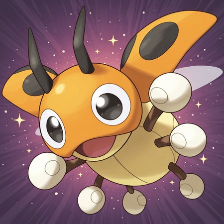 2d, solo, Pokemon (creature), ((shiny pokemon)), insect, black arms, white hands, multicolored body, orange head, black antennae, black eyes, big pupils, wings open, 

BREAK open mouth smile, flying, abstract background, (sparkles)

BREAK best quality, amazing quality, very aesthetic, absurdres, newest, high quality, masterpiece 