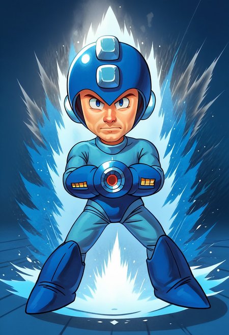 (Megaman, Rockman, gloves, boots, helmet, blue armor, arm cannon:1.1):1.1)(1boy, solo, facing viewer, , score_9, score_8_up, score_7_up, chibi, Ki Charge, aura, shooting stance, white aura, blue aura, arm raising, full body,  zPDXL3 ,SimplePositiveXLv2, masterpiece, best quality, high res, illustration, extremely detailed, 8k, wallpaper, hud_c4ric4ture_Styl, chibi